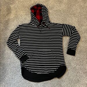 Maurices Black and White Striped Hoodie with Red Plaid